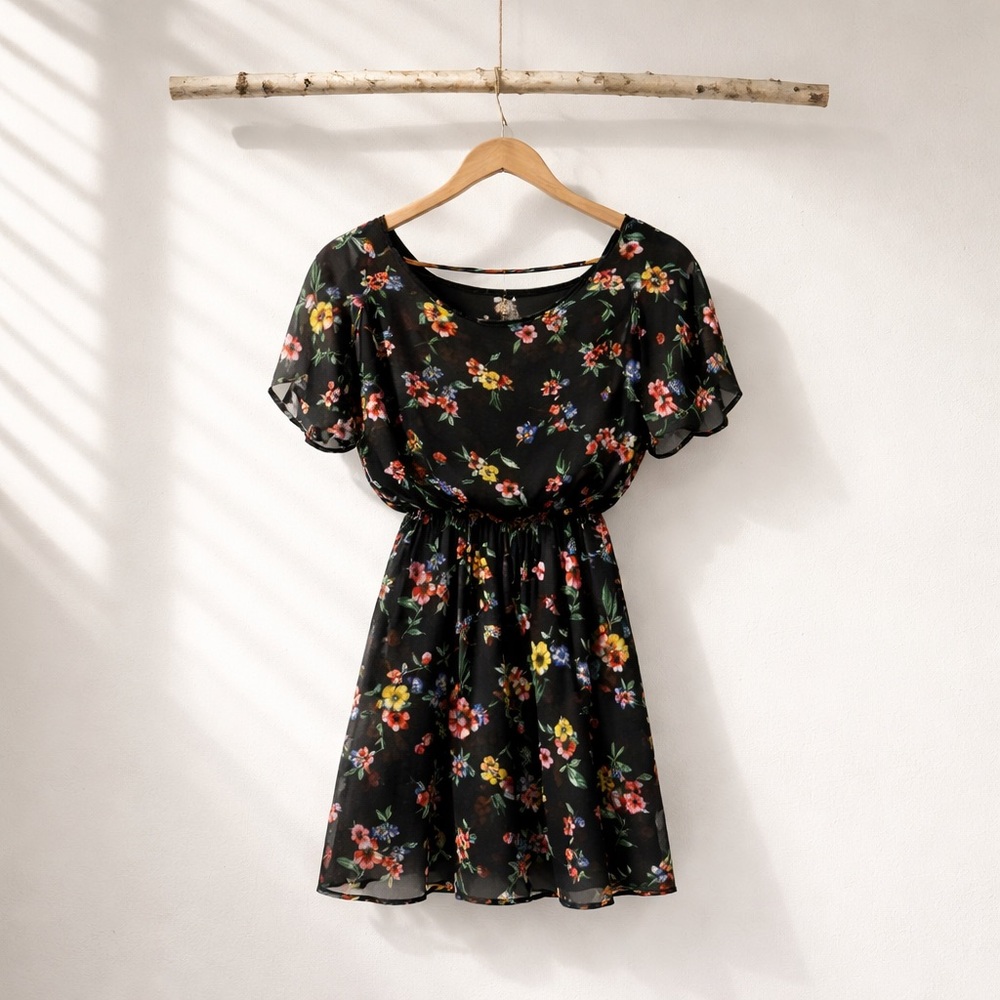 Lush Black Floral Mini Dress with Open Back - Picture 2 of 7